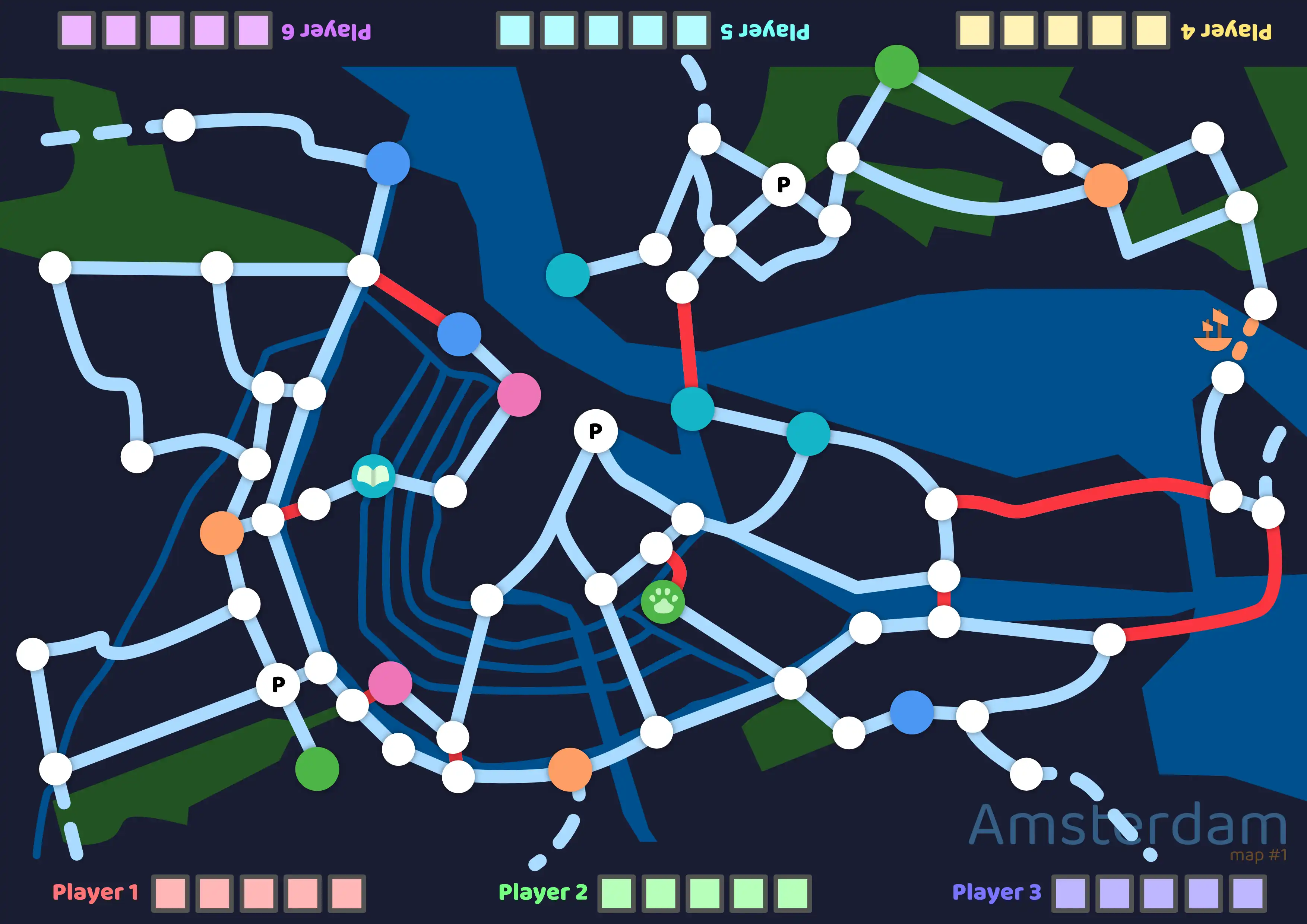 (Dit is overigens niet de eerste versie van deze kaart, maar de tweede versie. In de eerste versie had je veel meer uitgangen en veel dunnere wegen. Hierdoor was het spel te makkelijk om te winnen &mldr; en was het te moeilijk om dingen op te schrijven.)